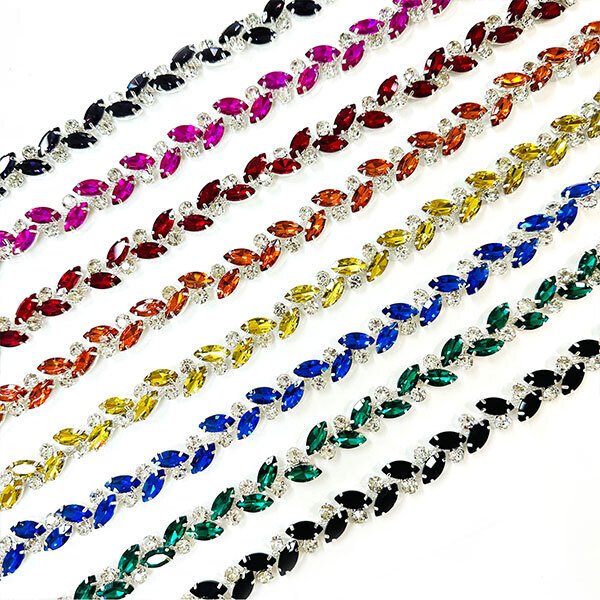 Multicolor navette rhinestone chains and trims for jewelry and garments